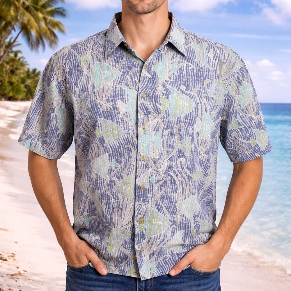 Cooke Street Hawaiian Aloha Shirt Large‎ Fish Sealife Seaweed Reverse Print